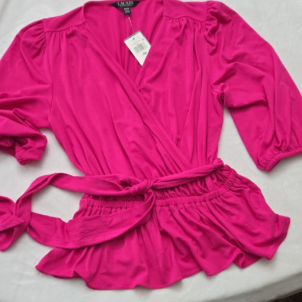 Lauren Ralph Lauren Hot Pink Faux Wrap Jersey Knit Peplum 3/4 Sleeve Top‎